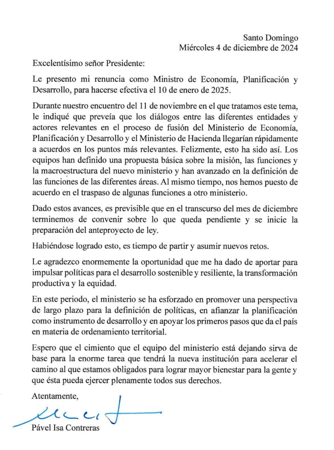 Renuncia ministro de Economía Pavel Isa